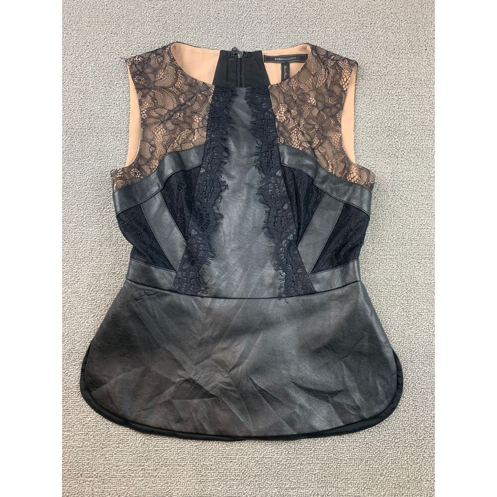 BCBGMAXAZRIA Women XXS Faux Leather Black‎ Lace Peplum Top